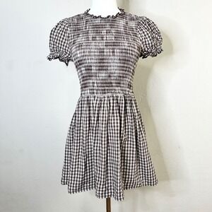 RIHOAS Brown Gingham Smocked Mini Dress Cotton Puff Sleeve Cottagecore Medium